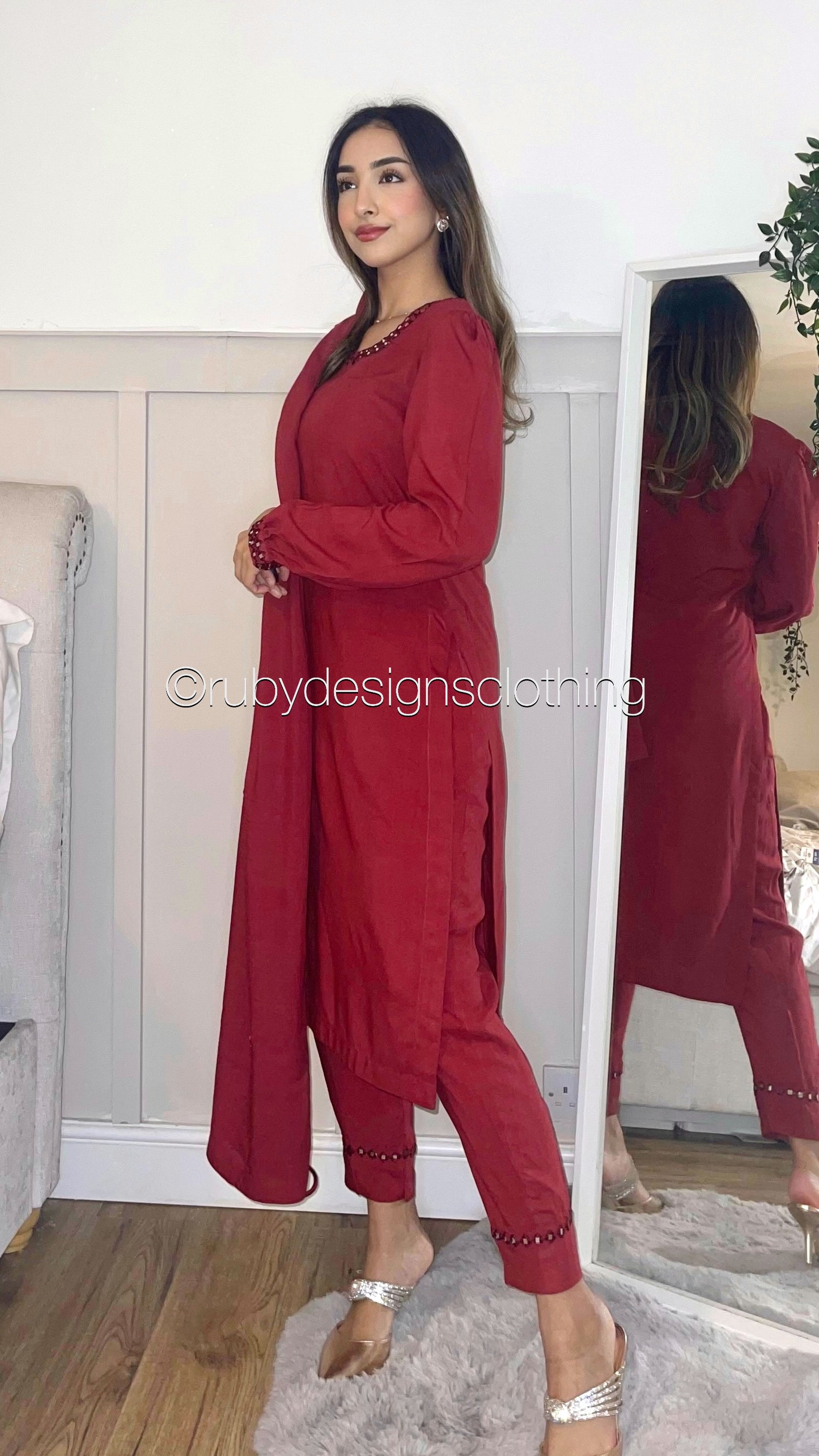 WARDA - 3 Piece Marina Deep Red Suit with Mirror Work and Shawl