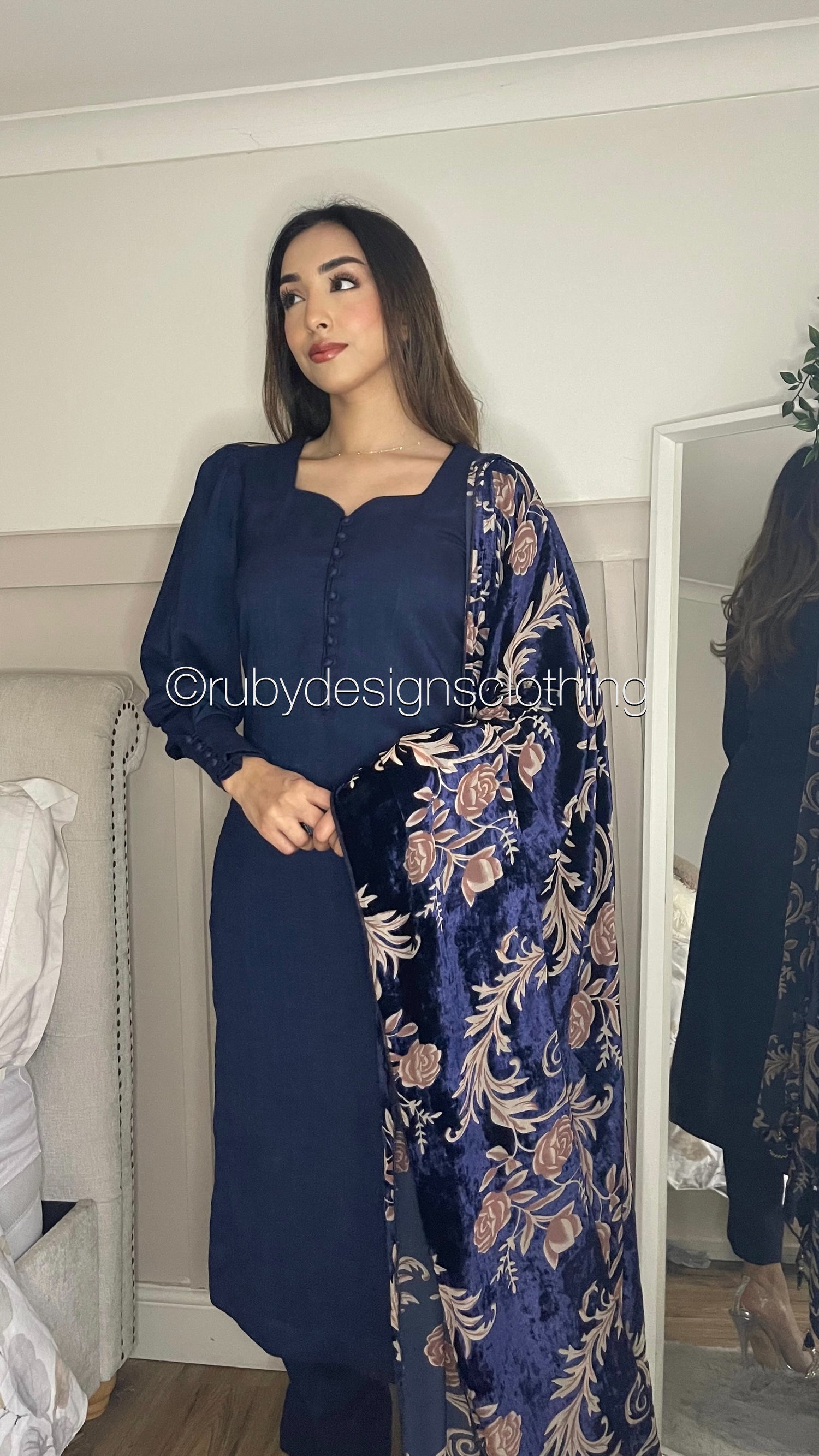 MARYAM Navy - 3 Piece Navy Suit with Velvet Palachi Shawl (7974929760469) (8747713822933)