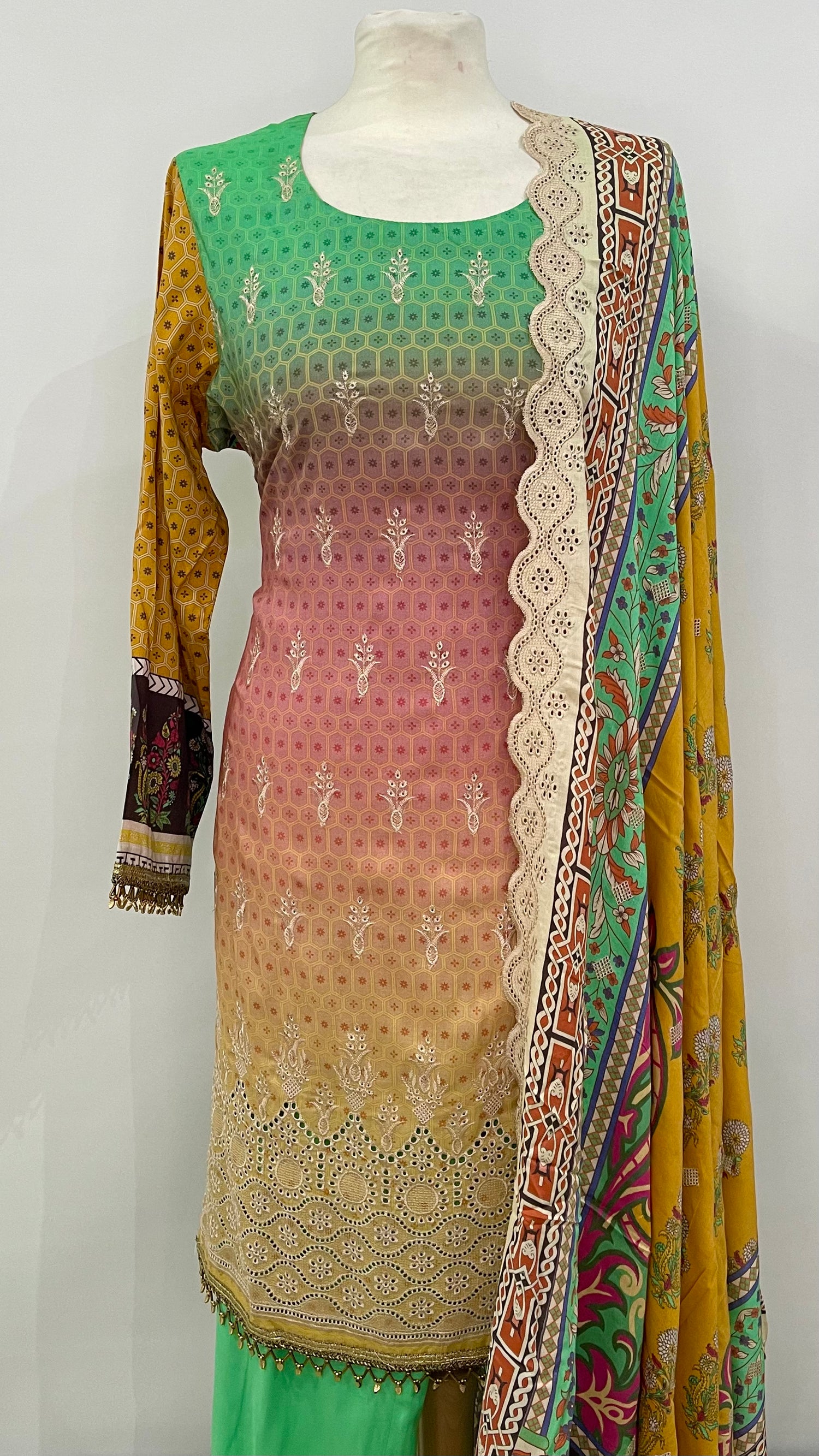 Original Kesarin by Riaz Arts Green and Orange Stitched Digital Viscose and Embroidered Suit (6577936269496)