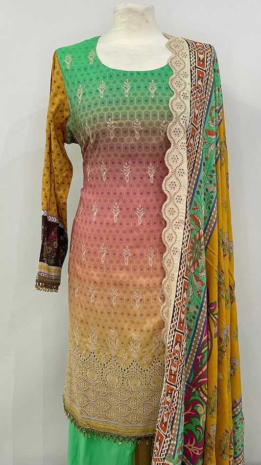 Original Kesarin by Riaz Arts Green and Orange Stitched Digital Viscose and Embroidered Suit