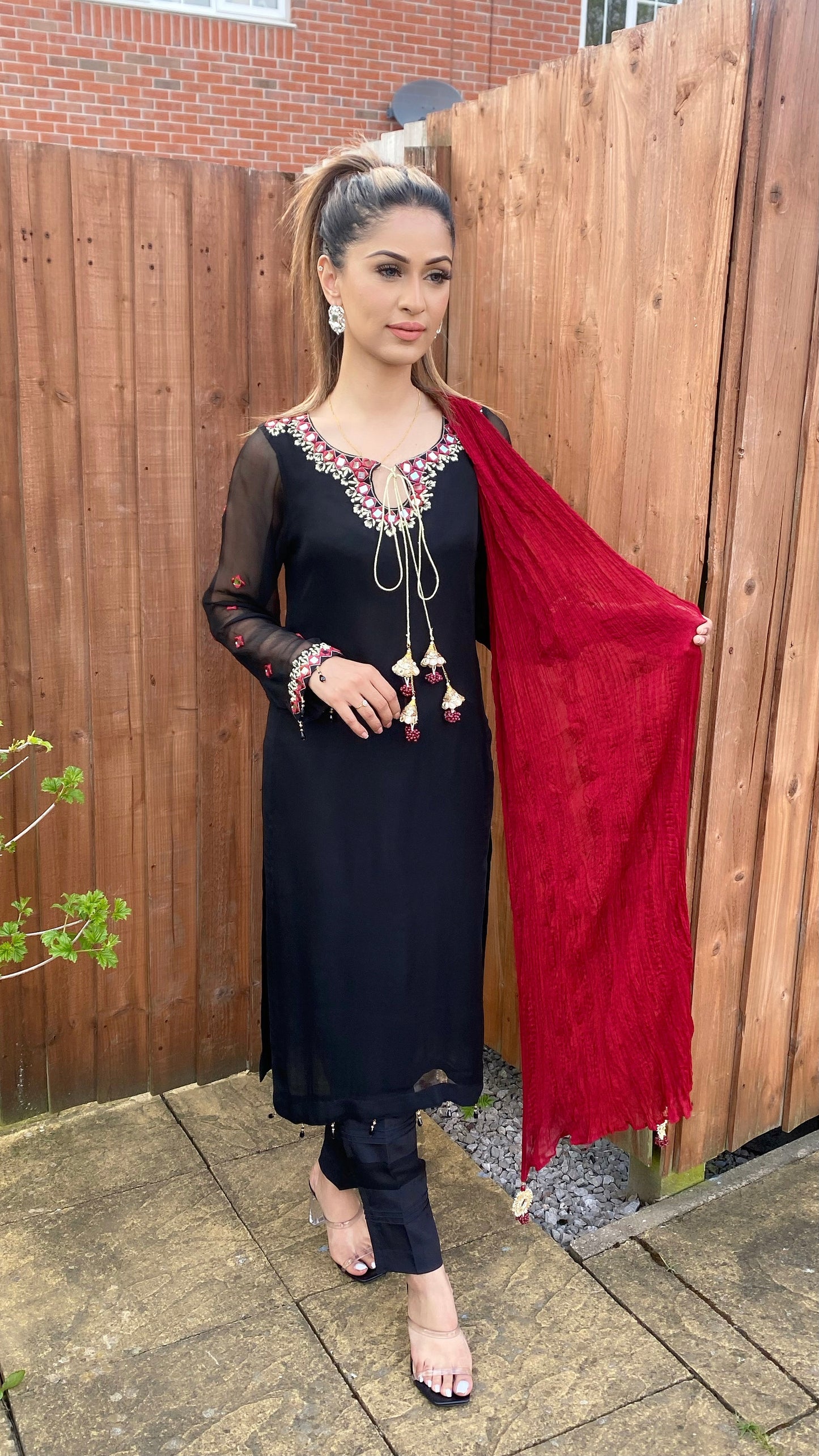 FARAH - Black 3 Piece Chiffon Suit with Mirror Details and Crushed Dupatta