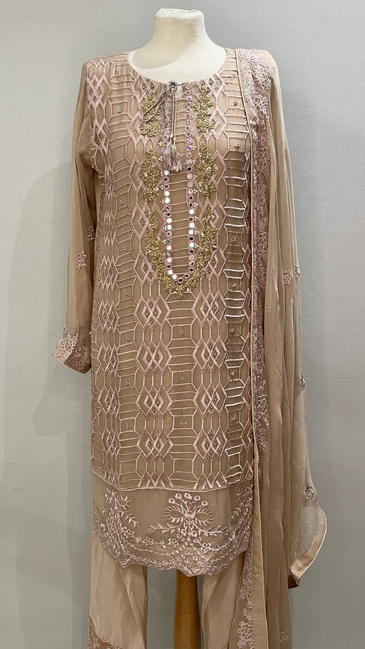 3 Piece Tea Pink Chiffon Suit with Mirror and Embroidery Details