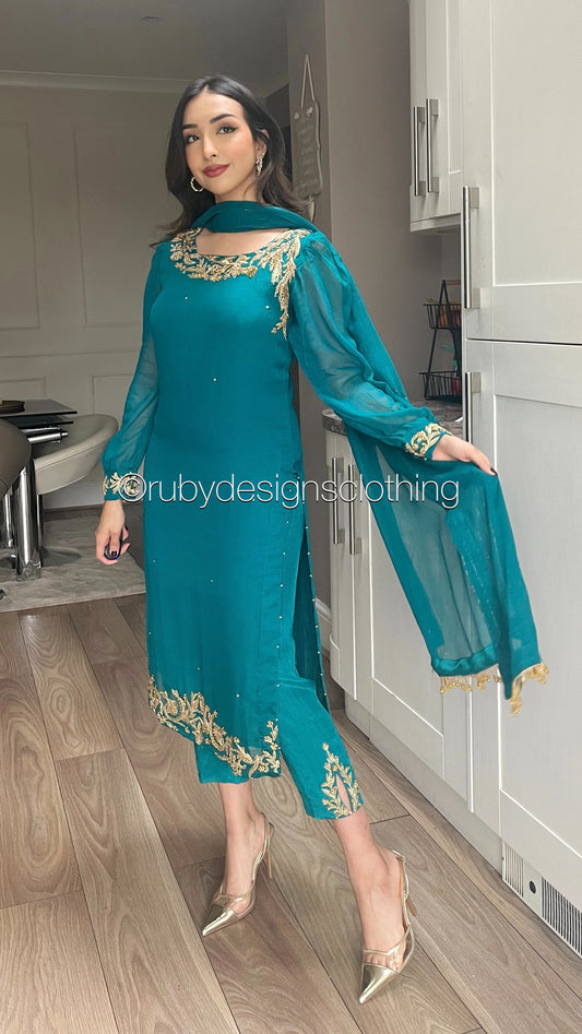 ANEEQA Teal - 4 Piece Chiffon Suit with Gold Handwork