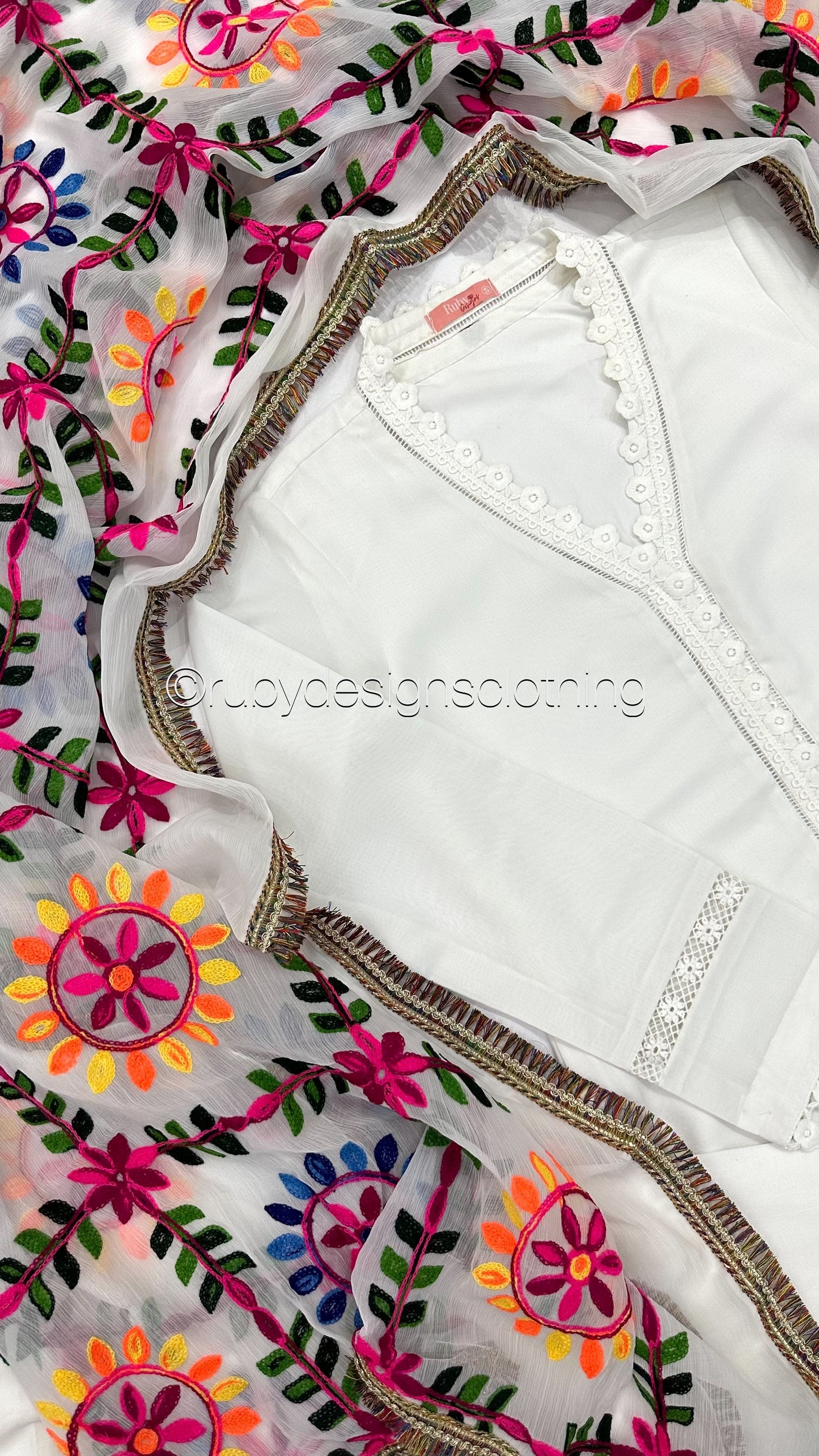 ESHA - 3 Piece White Swiss Lawn Suit with Pulkhari Dupatta