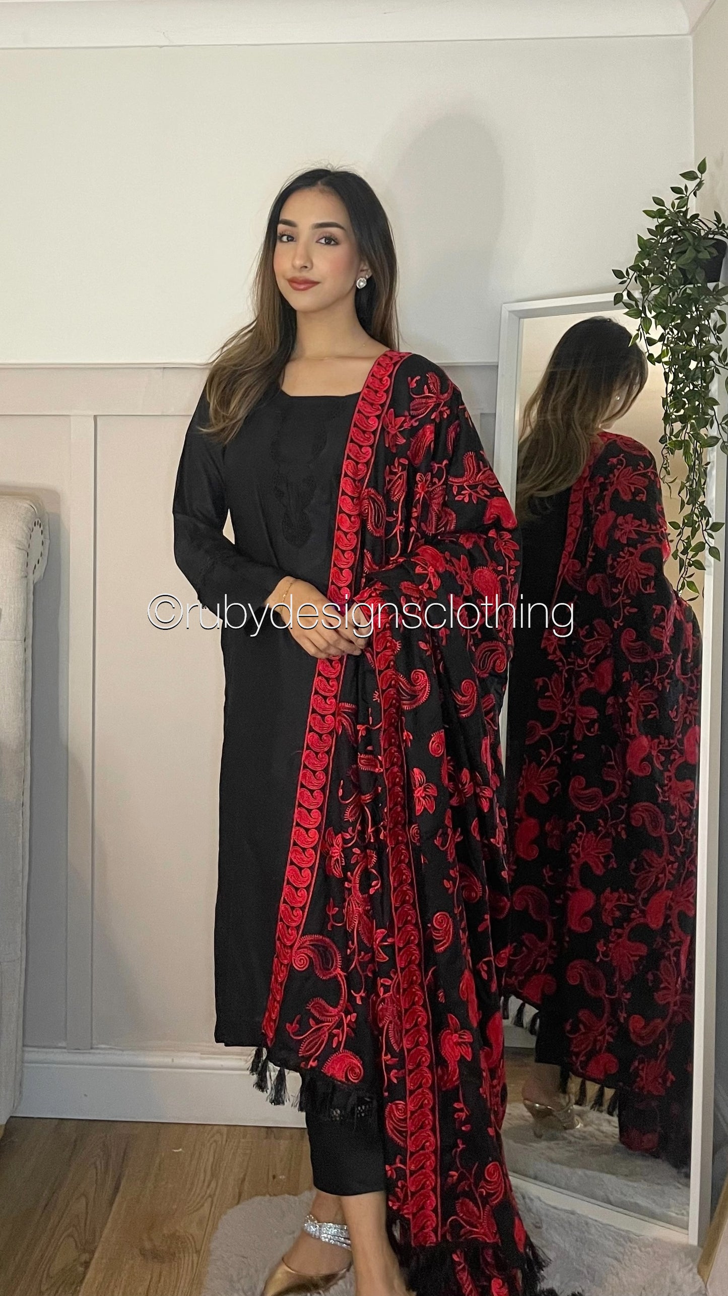 ZEENAT - 3 Piece Black Linen Suit with Heavily Embroidered Shawl