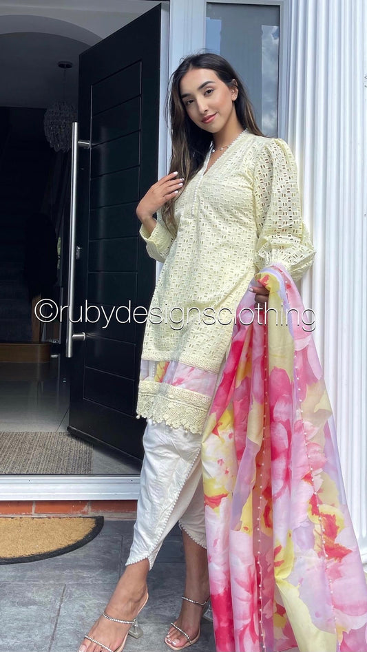 INAYAH - 3 Piece Yellow Chikankari Suit with Tulip Trousers and Floral Organza Dupatta