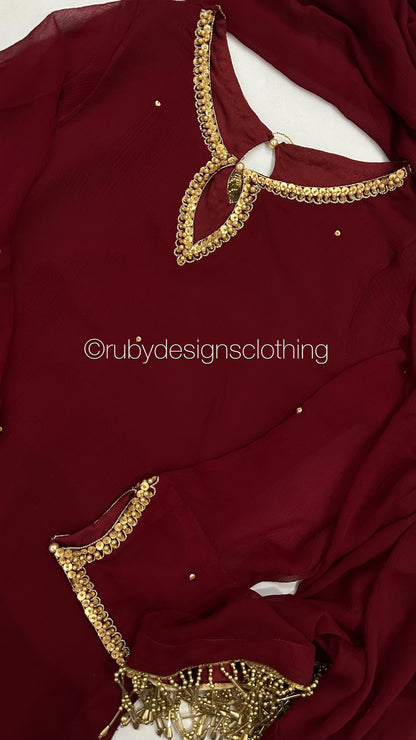 HAYA Maroon - 3 Piece Chiffon Suit with Hand Embellished Neckline