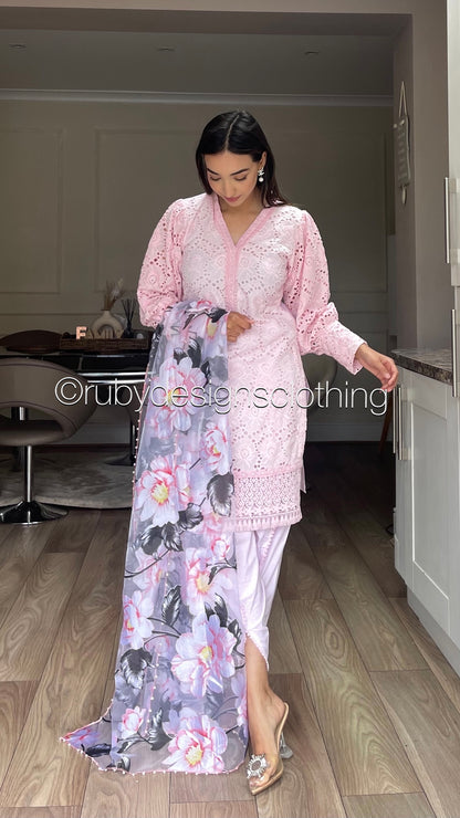 URWA - 3 Piece Pink Chikankari Suit with Tulip Trousers and Floral Organza Dupatta